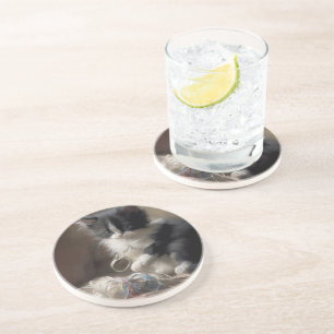 Tangled Up In Fun Black and White Kitten Coaster