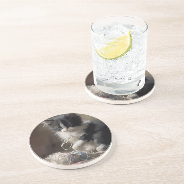 Tangled Up In Fun Black and White Kitten Coaster (Side)