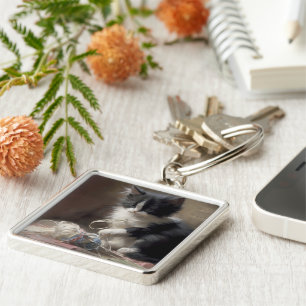 Tangled Up In Fun Black and White Kitten Key Ring