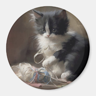 Tangled Up In Fun Black and White Kitten Magnet