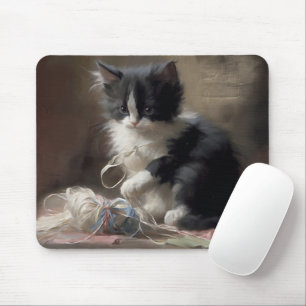 Tangled Up In Fun Black and White Kitten Mouse Mat