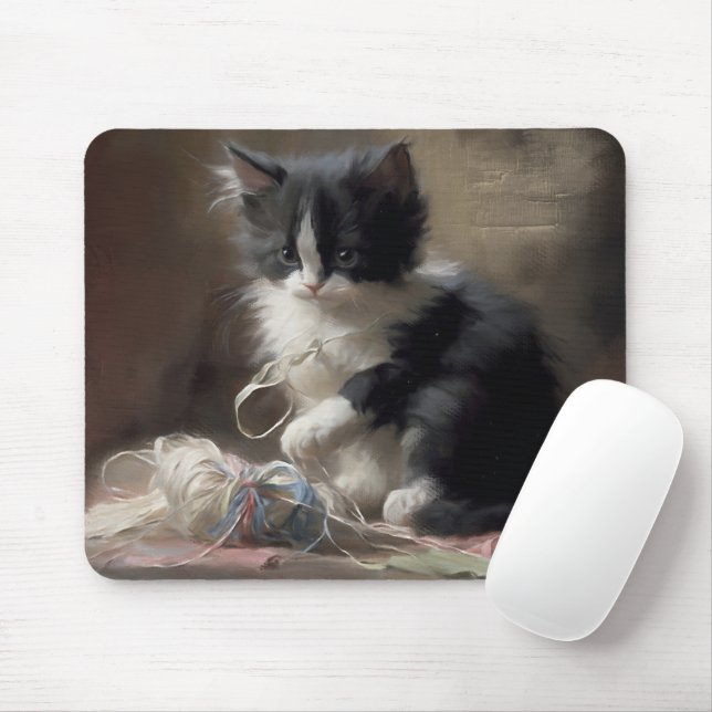 Tangled Up In Fun Black and White Kitten Mouse Mat (With Mouse)