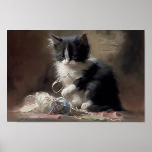 Tangled Up In Fun Black and White Kitten Poster