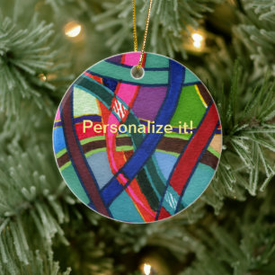 "Tangled yarn" shapes in multicolored circle Ceramic Tree Decoration