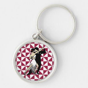 Tango Dancers Burgundy and White Geometric Key Ring