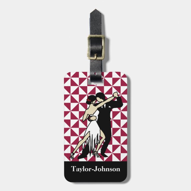 Tango Dancers on Burgundy Geometric Background Luggage Tag (Front Vertical)