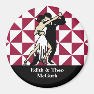 Tango Dancers on Burgundy Geometric Background Magnet