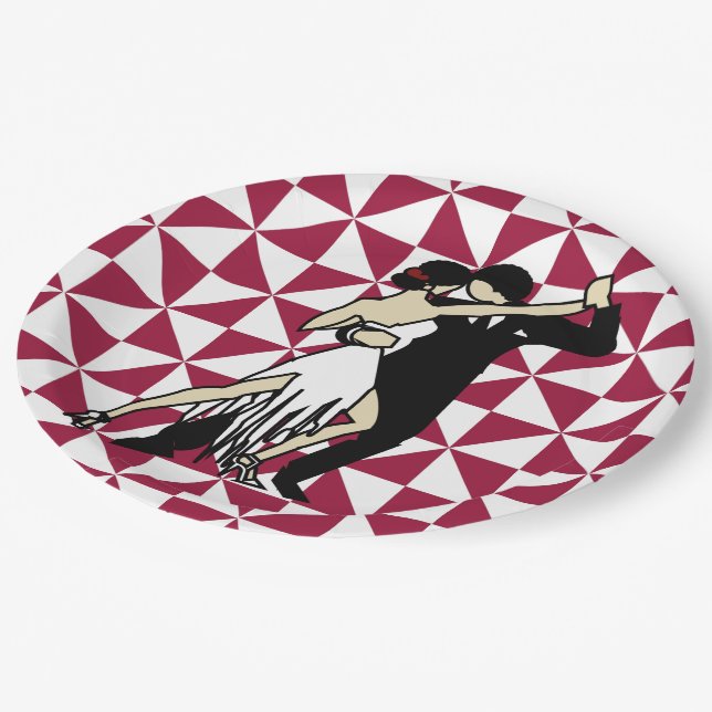 Tango Dancers on Maroon and White Geometric Paper Plate (Angled)