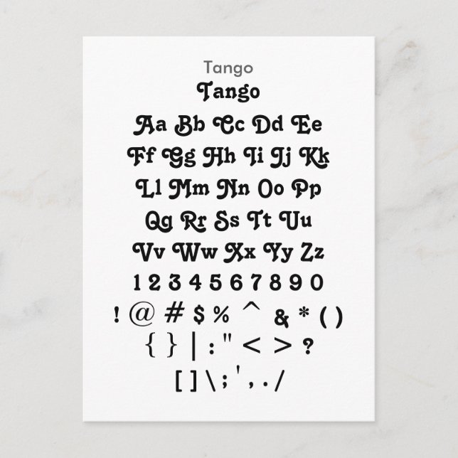 Tango - Zazzle Font Sampler Sheet Postcard (Front)