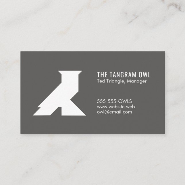 Tangram Owl White Geometric Shape on Grey Business Card (Front)