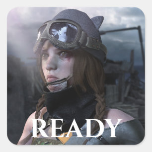 TANK GIRL WITH "READY" UNDERNEATH SQUARE STICKER