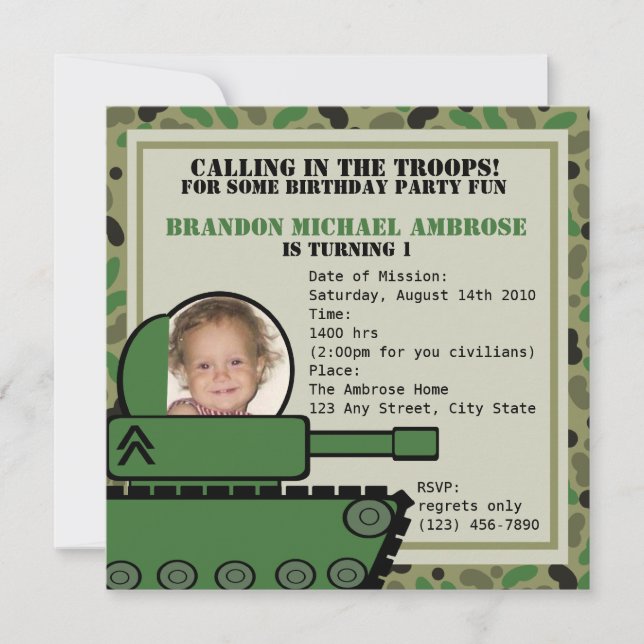 Tank Party Birthday/ Photo Invitation (Front)