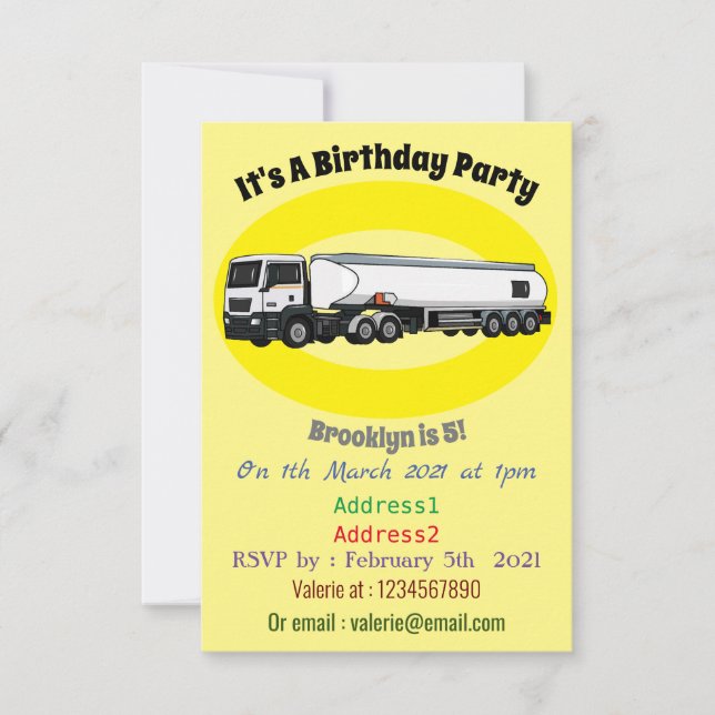 Tanker truck fuel transport cartoon illustration invitation (Front)
