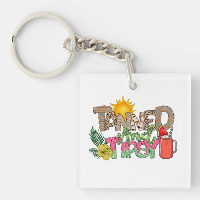 Tanned and Tipsy | Fun Summer Party Design Key Ring (Front)