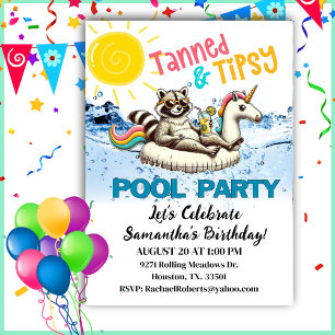 Tanned & Tipsy Racoon Birthday Pool Party Invitation