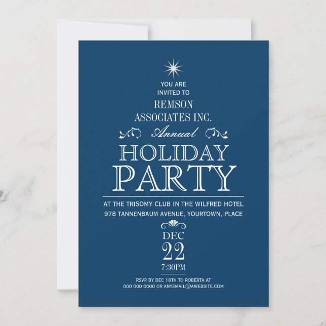 Tannenbaum Typographic Cobalt Holiday Party Invitation (Front)