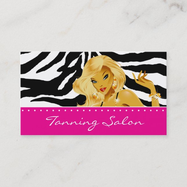 Tanning Business Card Zebra Woman Blonde Pink (Front)