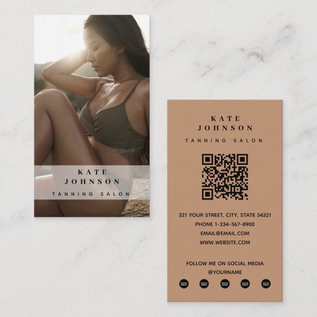 Tanning Salon Spray Tan Beauty Photo QR Code  Business Card (Front/Back)