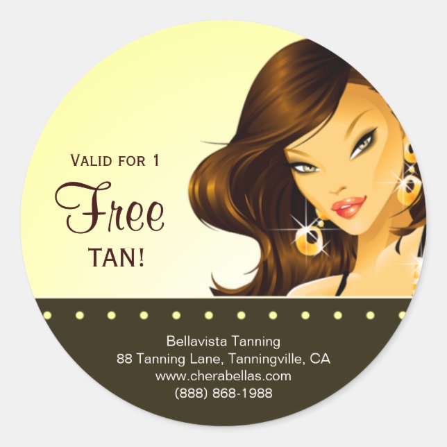 Tanning Salon Sticker Yellow Exotic Brunette Woman (Front)