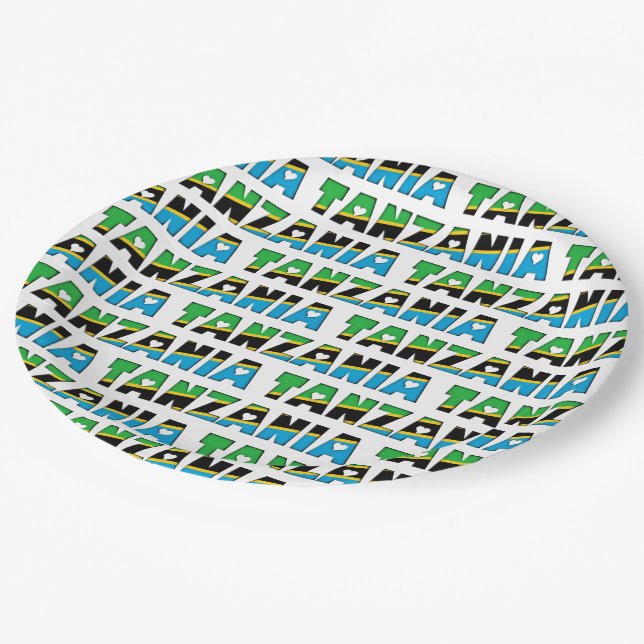 Tanzania Flag Colours Typography Pattern Hearts Paper Plate (Angled)