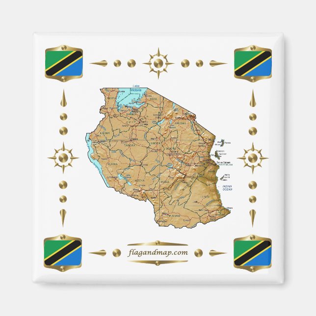Tanzania Map + Flags Magnet (Front)
