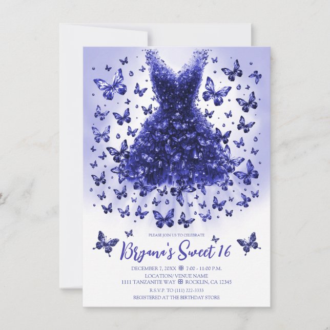 Tanzanite Butterfly Dress December Birthstone Invitation (Front)