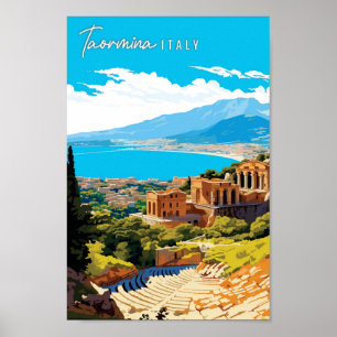 Taormina Italy vintage travel illustration Poster