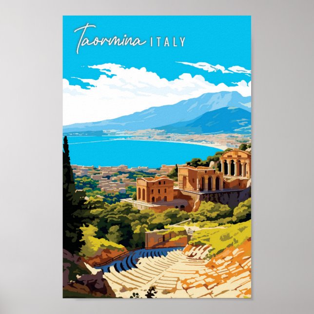 Taormina Italy vintage travel illustration Poster (Front)