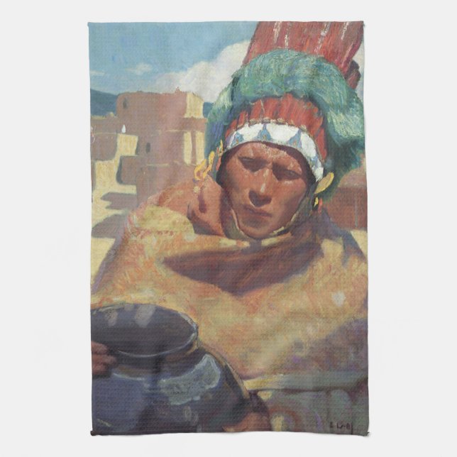 Taos Indian Holding a Water Jug by Blumenschein Tea Towel (Vertical)