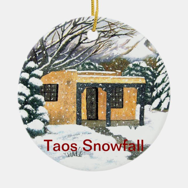 Taos, New Mexico Snowfall Ceramic Tree Decoration (Front)