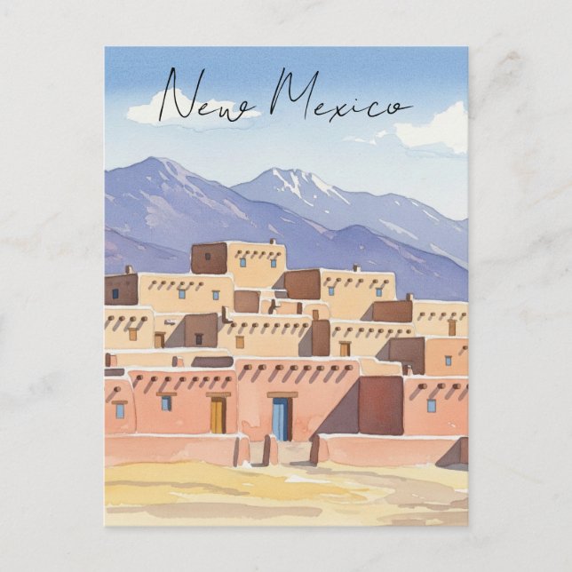 Taos Pueblo New Mexico Watercolor Postcard (Front)