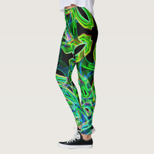 Tape-like curves, coloured and green neon or relie leggings