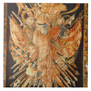 Tapestry depicting war trophies (textile) tile
