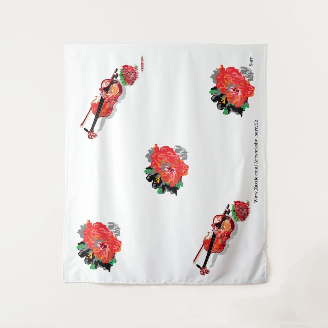 Tapestry : HAWAIIAN RED HIBISCUS WITH VIOLIN (Front)