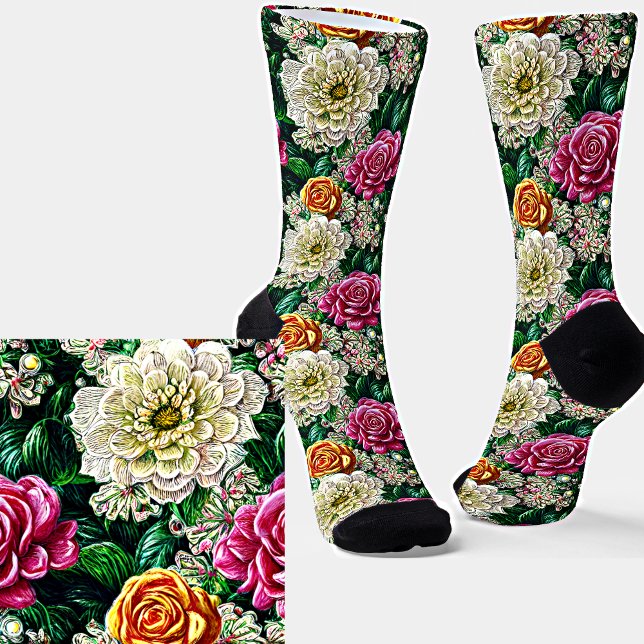 Tapestry Illustration Pink White Gold Flowers  Socks (Creator Uploaded)