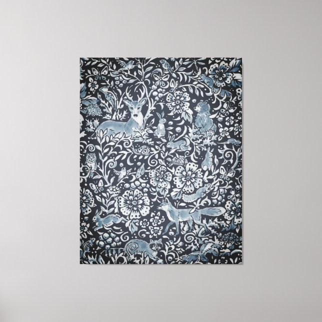 Tapestry Look Large Blue White Woodland Animal Art Canvas Print (Front)