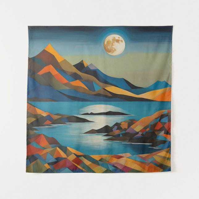 Tapestry Modern Art Mountains Moon Lake Art (Front)