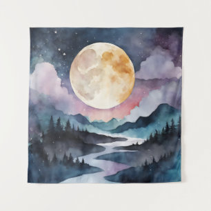 Tapestry Modern Art Mountains Moon Watercolor Art