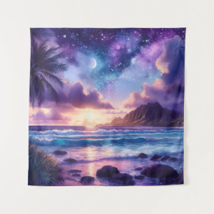 Tapestry Purple Sunset Tropical Beach Moon Art