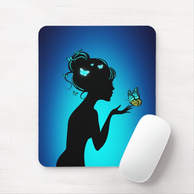 Tapis De Souris La femme papillons bleues Mouse Mat (With Mouse)