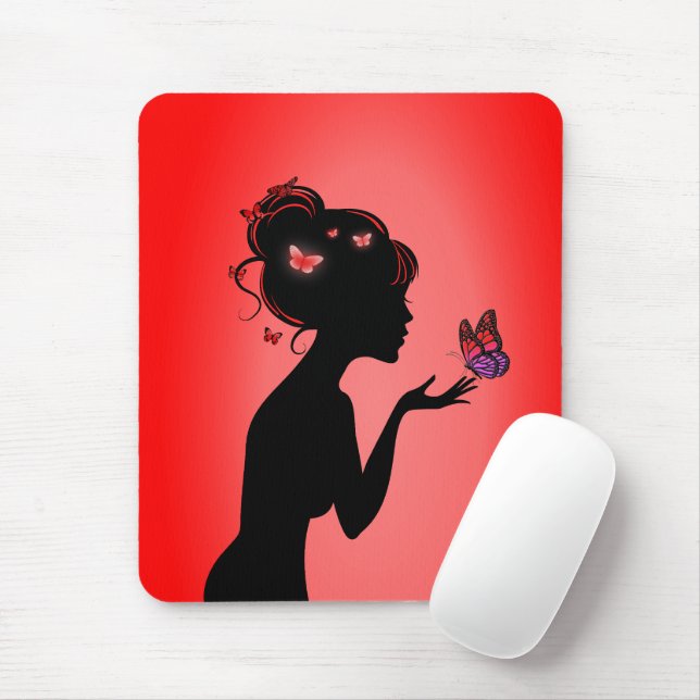 Tapis De Souris La femme papillons rouges Mouse Mat (With Mouse)