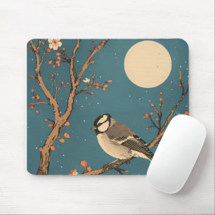 Tapis De Souris - Moonlit Bird on Blossom Branch Mouse Mat