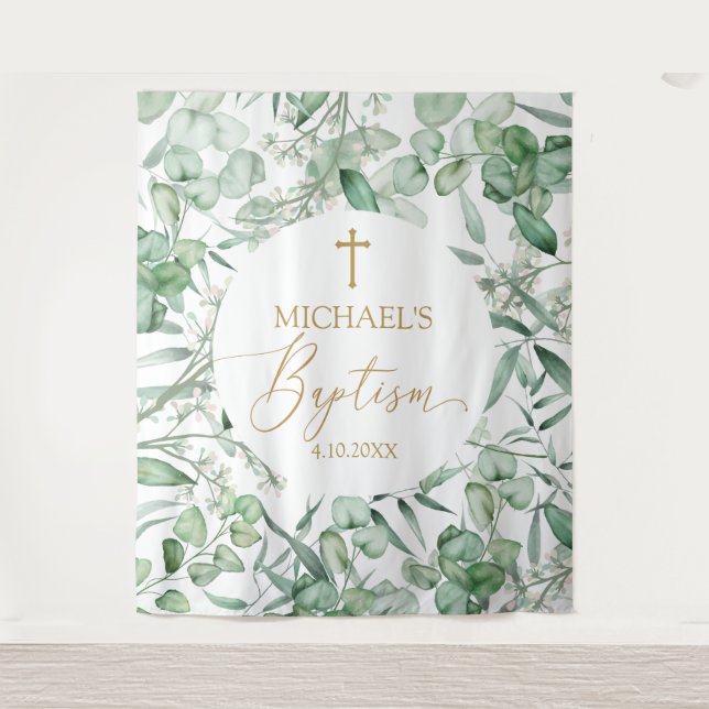 Tapiz Baptism Eucalyptus greenery backdrop banner Tapestry (Front)