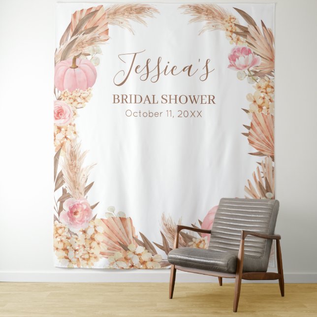 Tapiz Boho Pampas Pink Pumpkin Bridal Shower banne Tapestry (In Situ)