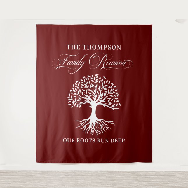 Tapiz Family reunion tree backdrop banner burgundy Tapestry (Front)