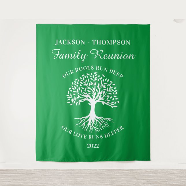 Tapiz Family reunion tree backdrop banner green Tapestry (Front)