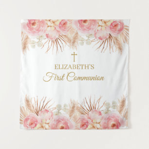 Tapiz Pink Floral First Communion Backdrop banner Tapestry