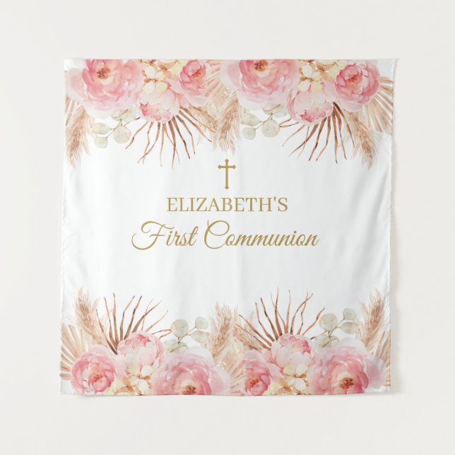 Tapiz Pink Floral First Communion Backdrop banner Tapestry (Front)