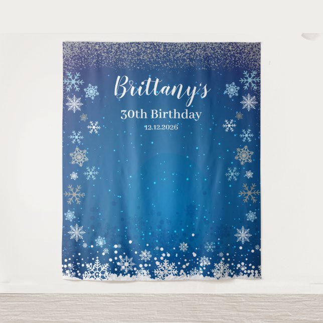 Tapiz Snow Blue Winter Birthday Backdrop banner Tapestry (Front)