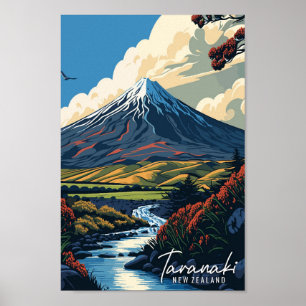 Taranaki New Zealand vintage travel illustration Poster